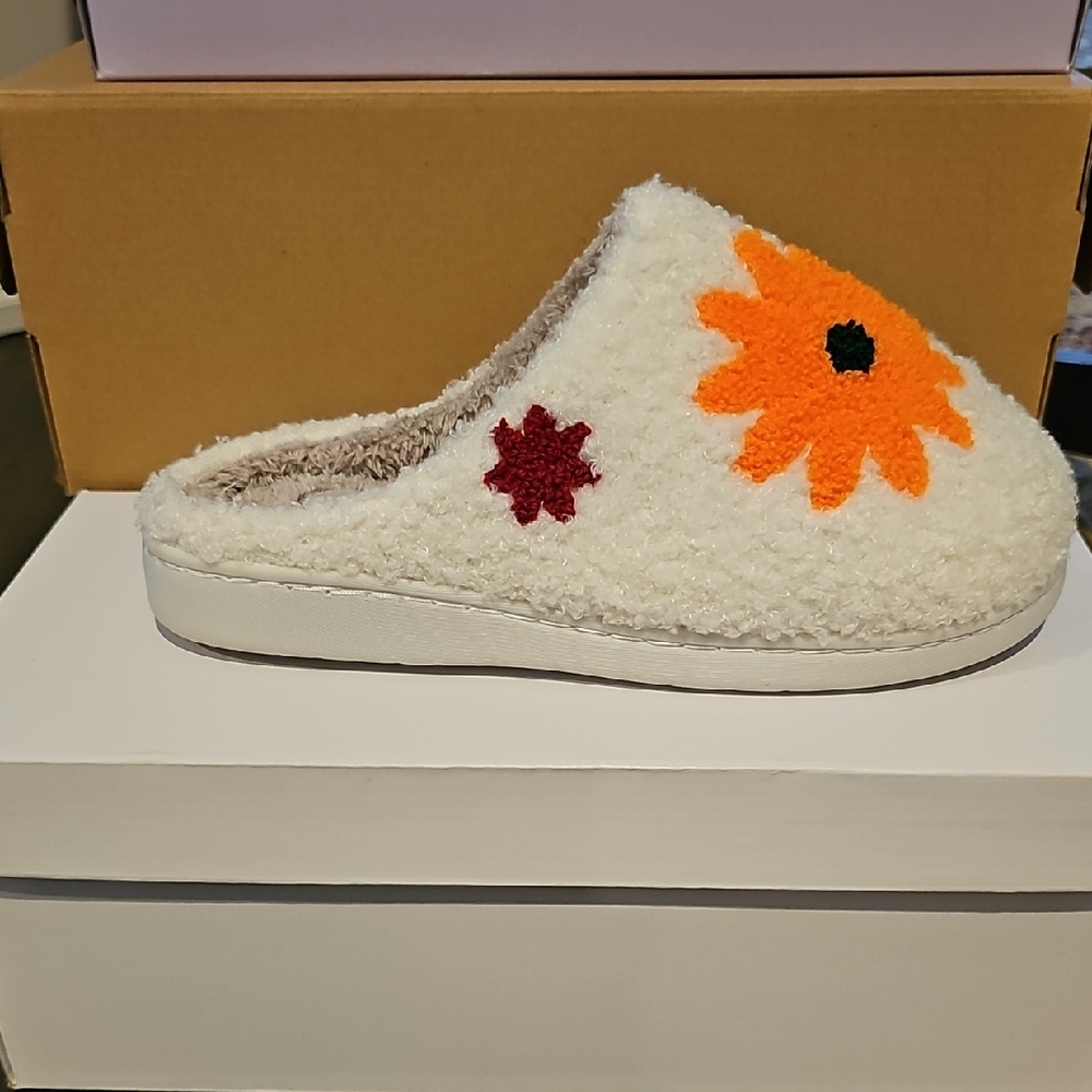 MIA White Slippers with Orange and Red Floral Design
